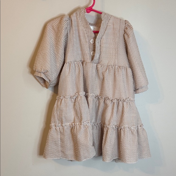 K&K Modest Other - Girls' Cream & White Striped Tiered Cotton Dress